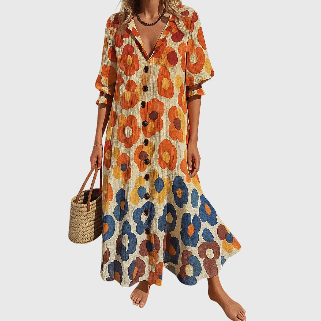 Elegante slankmakende jurk met kantdetails en luchtige boho print voor dames