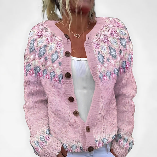Pluizig gebreid dames vest met Noors patroon en knoopsluiting in ruime pasvorm