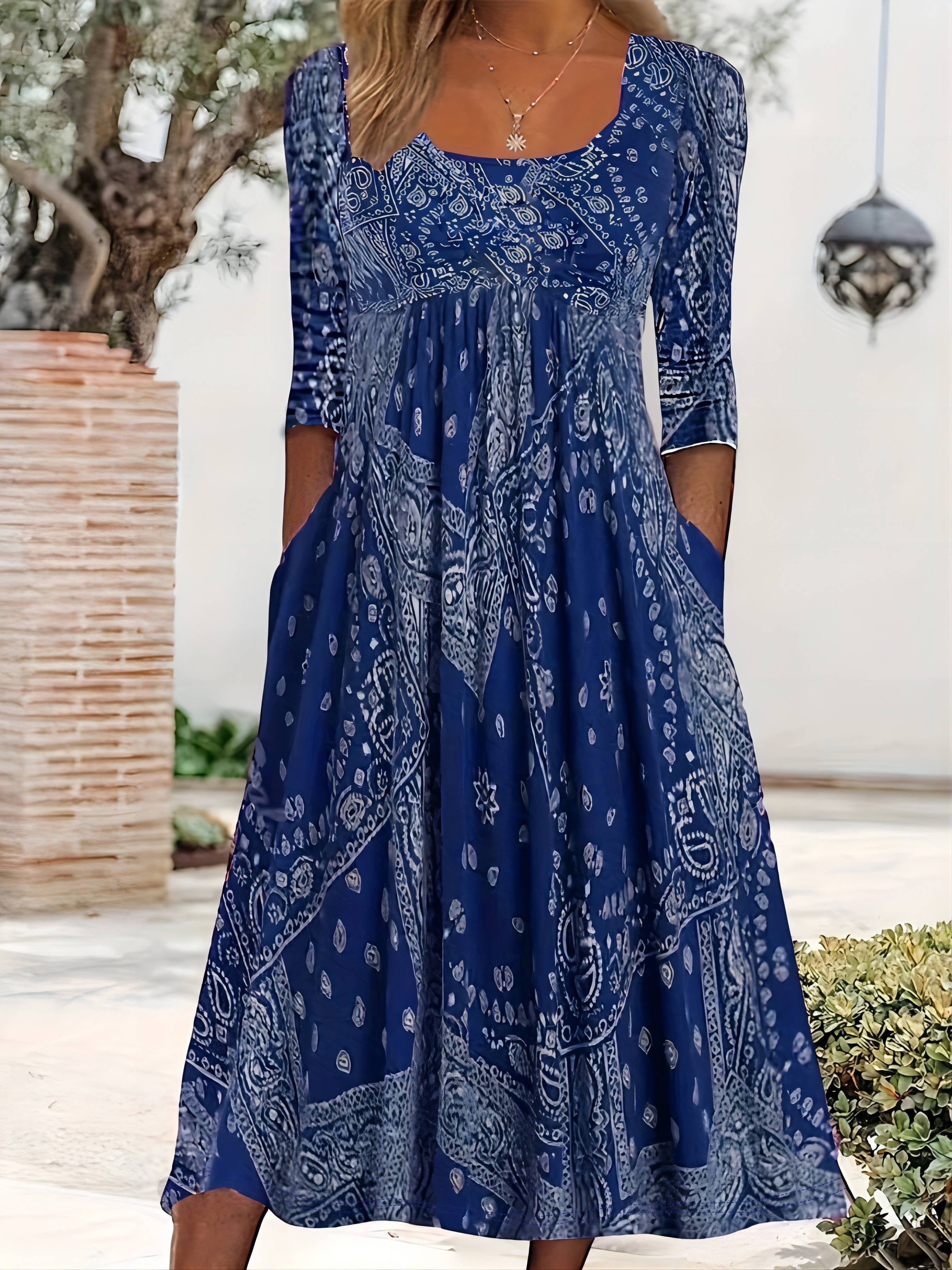 Casual midi jurk met lange mouwen, bloemenprint en soepel vallende wijde rok