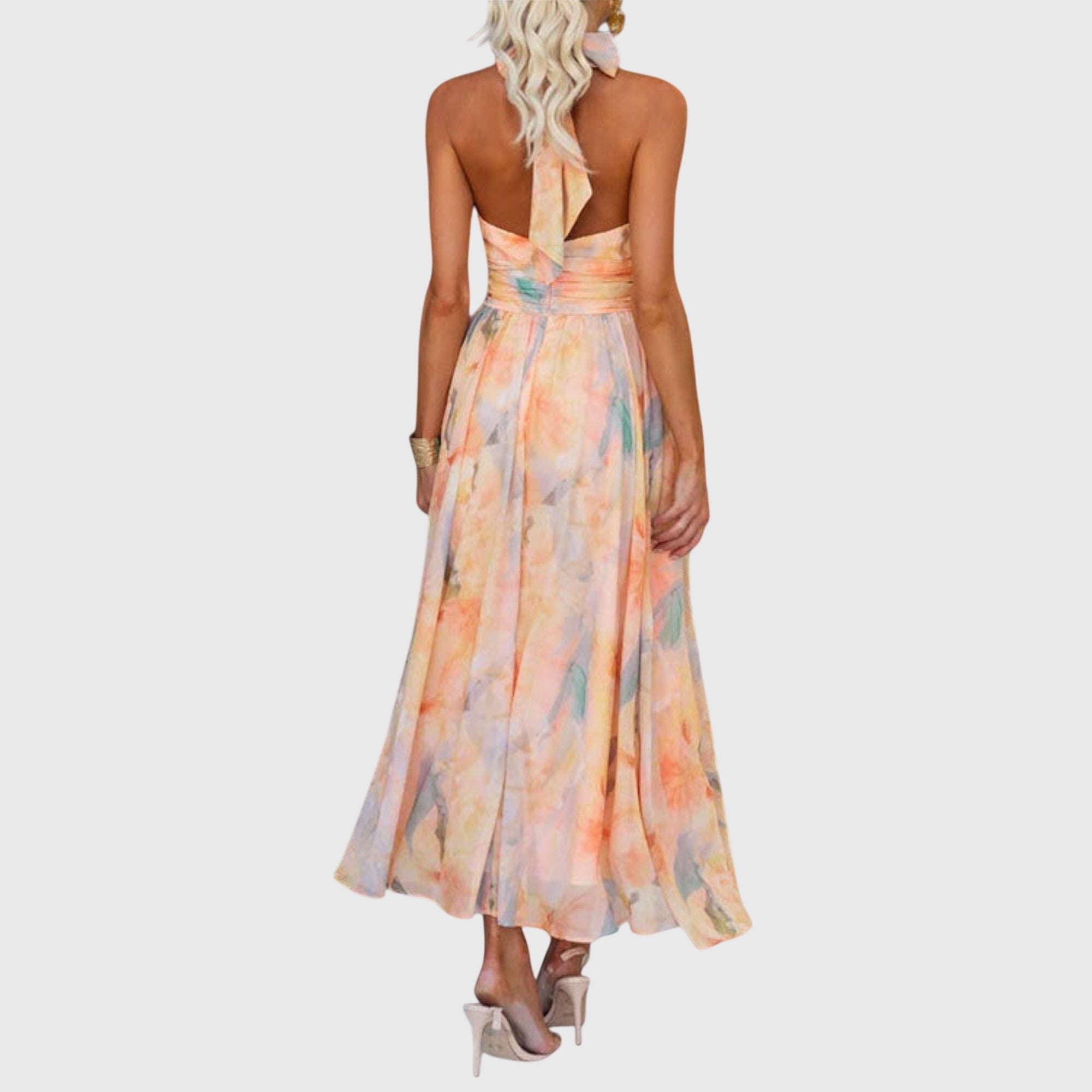 Maxi jurk met open rug en kleurrijke aquarelprint en vloeiende rok voor dames