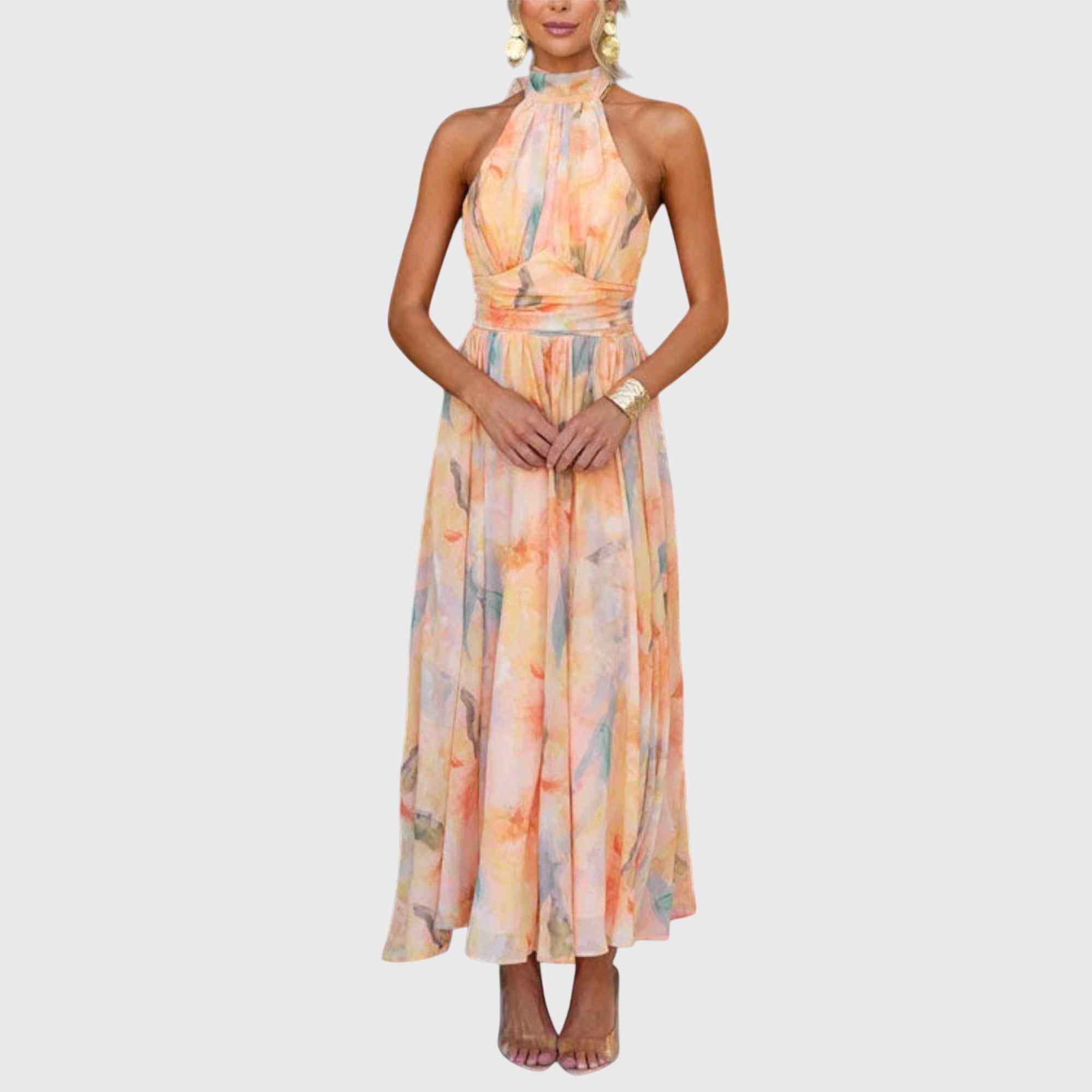 Maxi jurk met open rug en kleurrijke aquarelprint en vloeiende rok voor dames