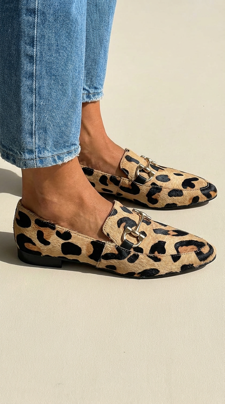 Moderne dames mocassins met savanneprint in warme aardetinten, handgemaakt