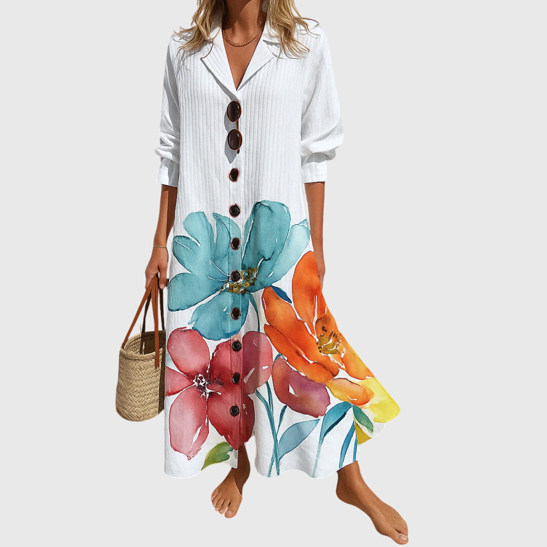 Elegante slankmakende jurk met kantdetails en luchtige boho print voor dames