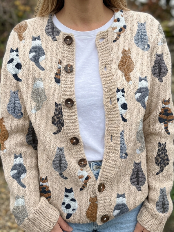 Anita dames gebreid vest met kattenprint