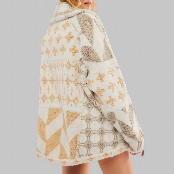 Open gebreid dames vest met geometrische print en lange mouwen in ruime pasvorm