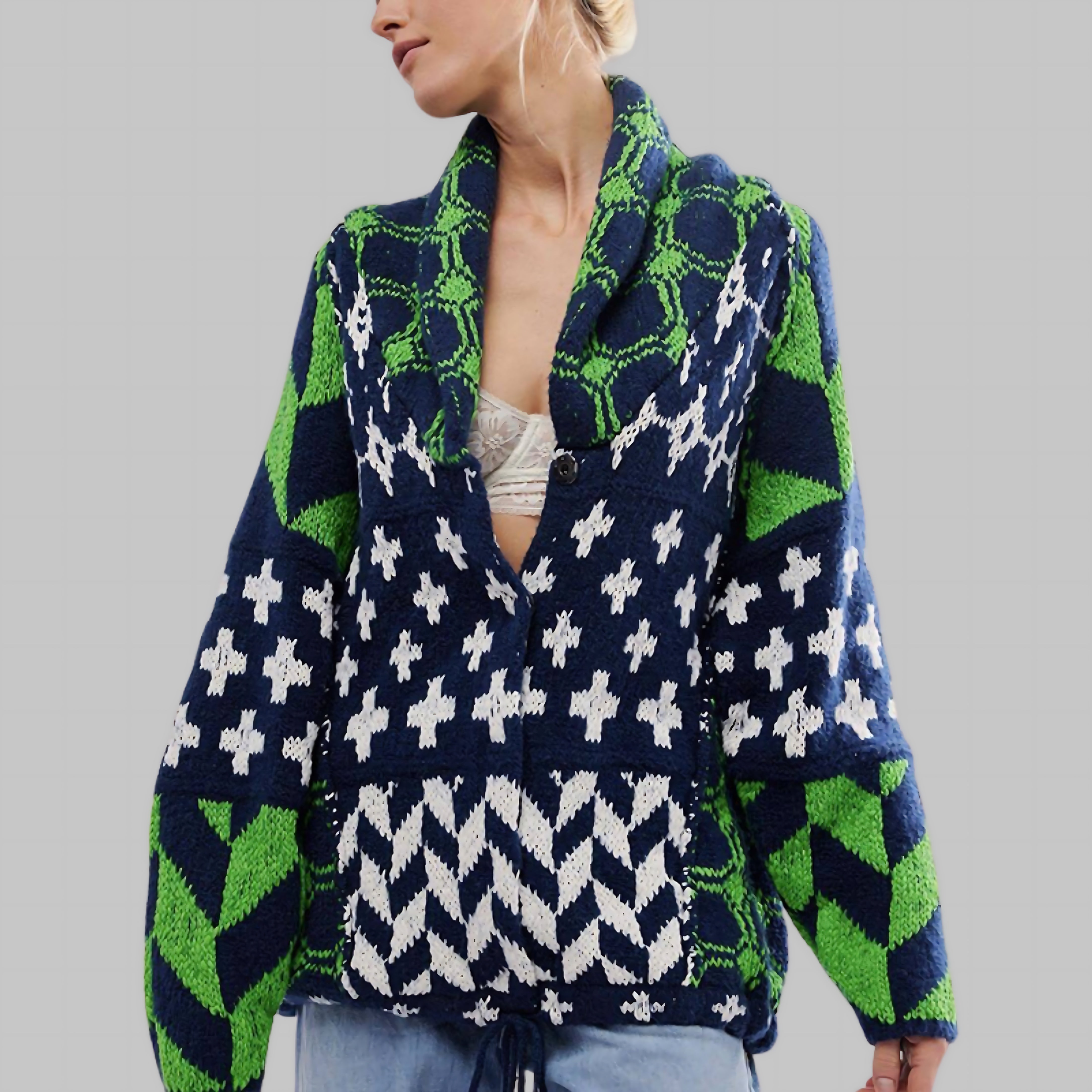 Open gebreid dames vest met geometrische print en lange mouwen in ruime pasvorm