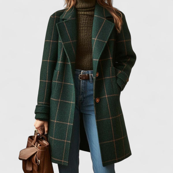 Lange mantel met donkergroene ruit en losse snit voor dames, ideaal voor herfst en winter