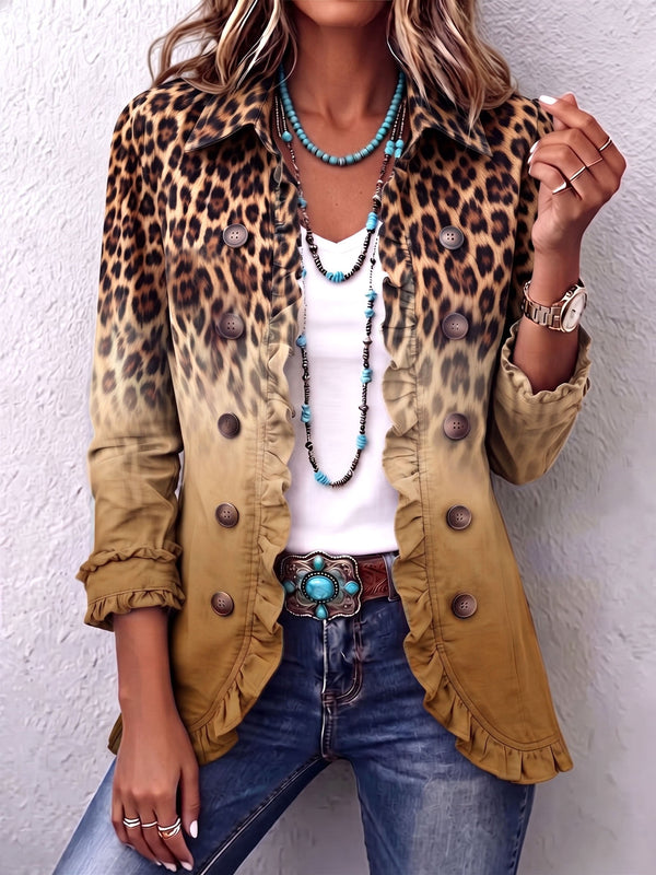 Bo dames okerkleurige luipaardblazer met ruches