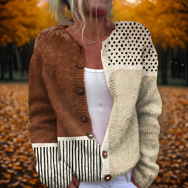 Gebreid vest met stippen en patchwork voor dames, los gedragen over een effen top