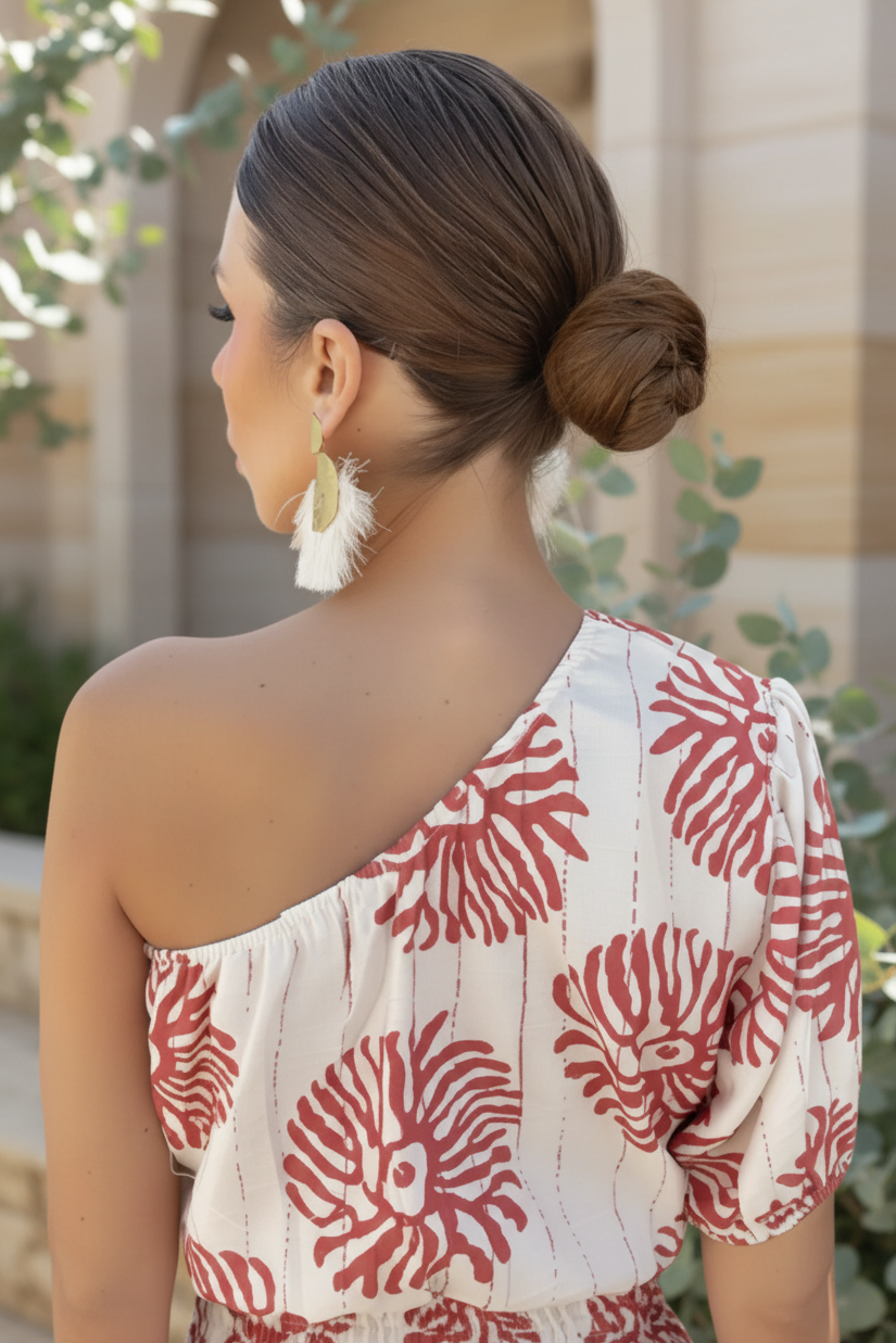 Mini jurk voor dames met één schouder, speelse print en elastische taille