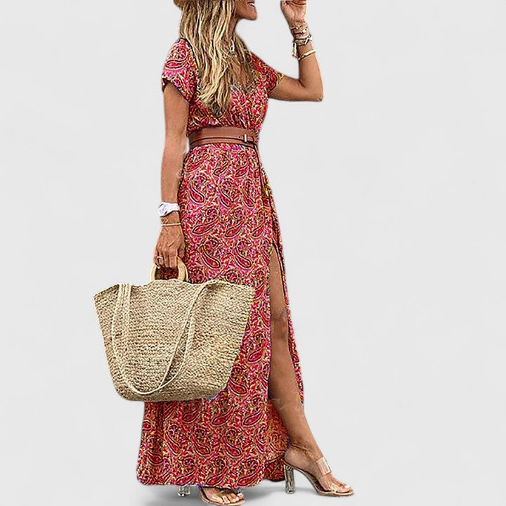 Lange elegante boho maxi jurk met zomerse print en gerimpelde elastische taille