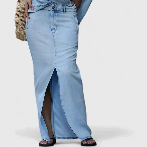 Elegante maxi rokset met asymmetrische schoudertop en lange denimrok met split voor