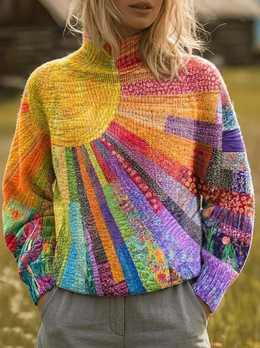 Bente meerkleurige trui met sunburst-print en hoge hals