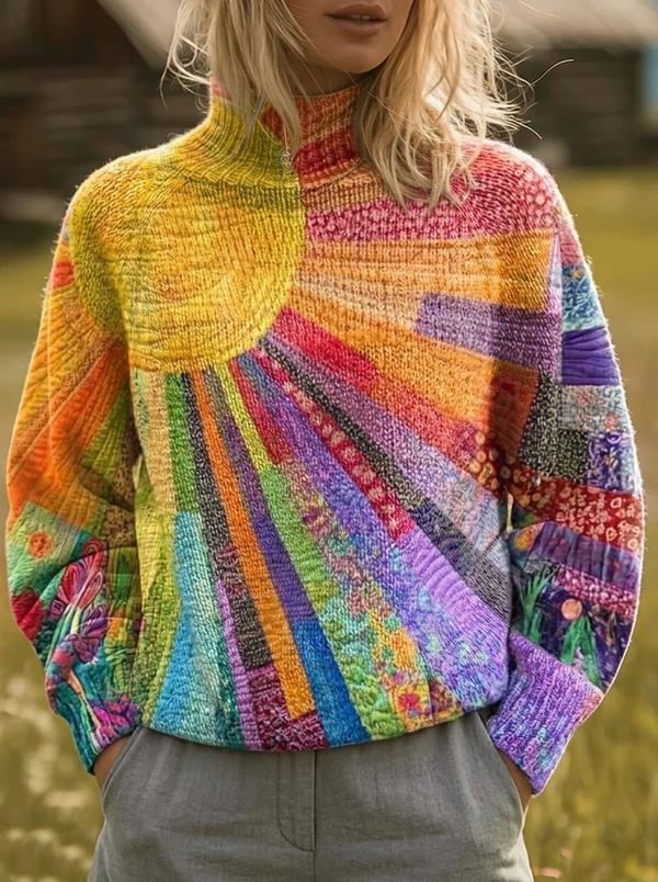 Bente meerkleurige trui met sunburst-print en hoge hals
